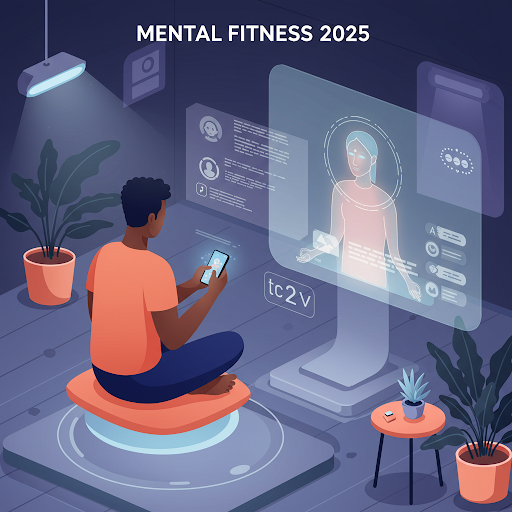 A modern digital illustration showing a young person sitting cross-legged in a peaceful, tech-savvy room, using a meditation app on their smartphone. In the background, a smart screen displays a glowing holographic AI therapist giving mental health advice. The atmosphere is calm and futuristic, with soft ambient lighting, indoor plants, and minimalistic furniture. The setting emphasizes wellness and digital mindfulness. Include the title "Mental Fitness 2025" at the top in clean, futuristic typography